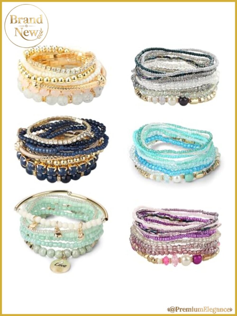 6 Set Bohemian Stackable Bead Bracelets Handmade Stretch Bangle Set